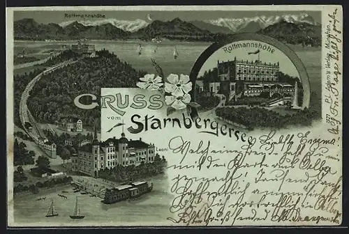 Lithographie Berg, Hotel Rottmannshöhe und Hotel Leoni am Starnbergersee