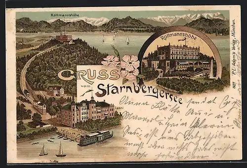 Lithographie Berg, Starnbergsee Teilansicht, Rottmannshöhe