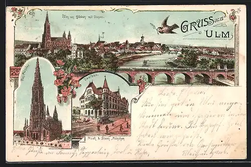 Lithographie Ulm, Münster, Saalbau, Gesamtansicht von Süden gesehen