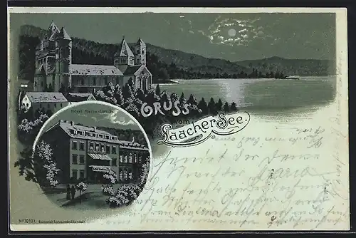 Lithographie Glees, Panoramablick mit Burg & Hotel Maria-Laach, Laacher See