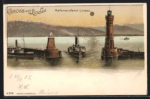 Lithographie Lindau, Partie an der Hafeneinfahrt