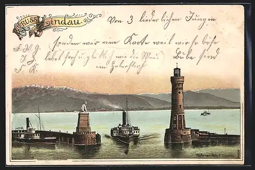 Lithographie Lindau, Hafeneinfahrt mit Bodensee und Blick auf die Alpen