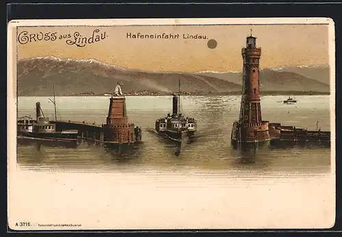 Lithographie Lindau, Partie an der Hafeneinfahrt