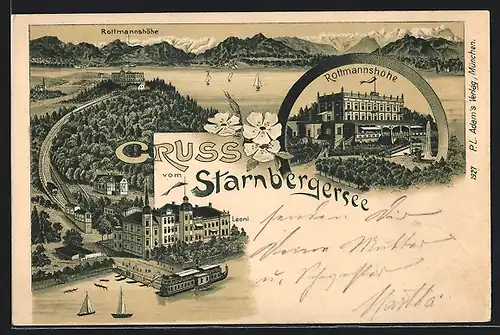 Lithographie Berg, Hotel Rottmannshöhe und Hotel Leoni am Starnbergersee
