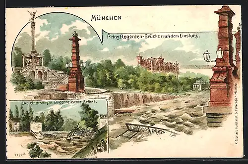 AK München, Die Prinz Regenten Brücke nach dem Einsturz, die eingestürtzte Bogenhauser Brücke