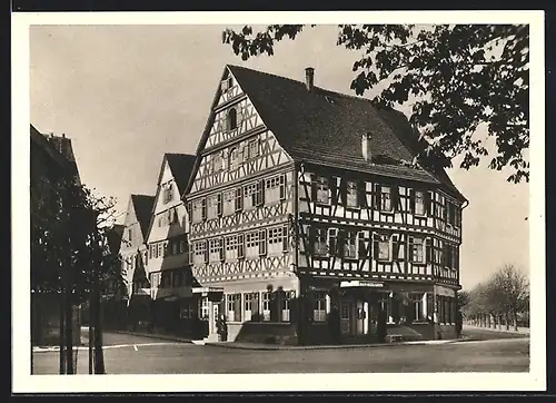 AK Schorndorf, Fachwerkgiebel am Bahnhofsplatz, Bahnhotel