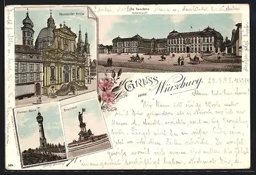 Lithographie Würzburg, Neumünster-Kirche, Residenz, Brunnen und Franken-Warte
