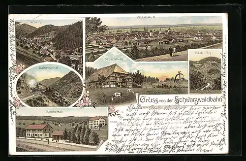 Lithographie Villingen, Bauernhaus, Sommerau, Kaisertunnel der Schwarzwaldbahn