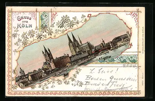Lithographie Köln, Uferpartie mit Kirche, Passepartout