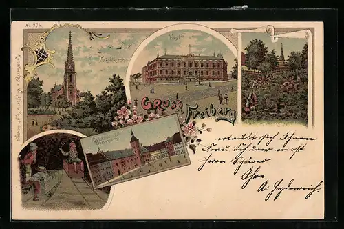 Lithographie Freiberg, Post, Rathaus mit Obermarkt, Königsallee