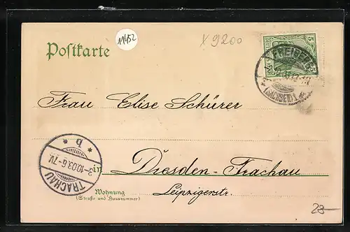 Lithographie Freiberg, Post, Rathaus mit Obermarkt, Königsallee