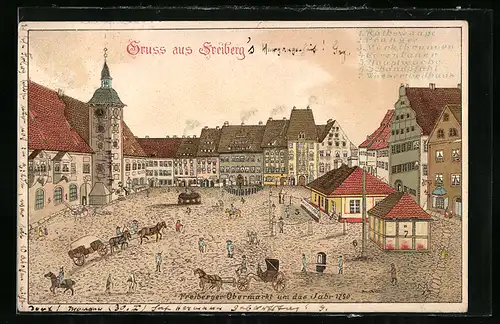 Lithographie Freiberg, Obermarkt um das Jahr 1790, Rathswaage, Pranger, Marktbrunnenh, etc.