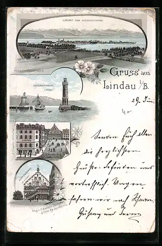 Lithographie Lindau i /B., Reichsplatz mit Zigarrengeschäft, Altes Rathaus, Hafeneinfahrt