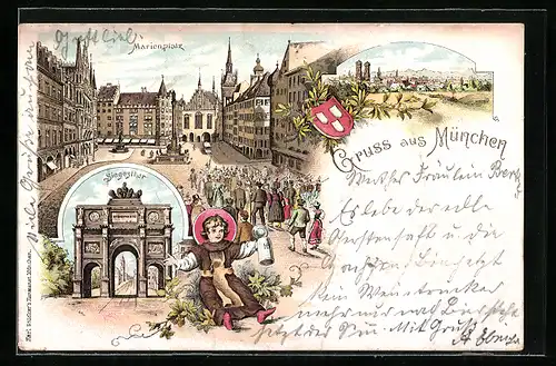 Lithographie München, Marienplatz, Siegesthor, Münchner Kindl
