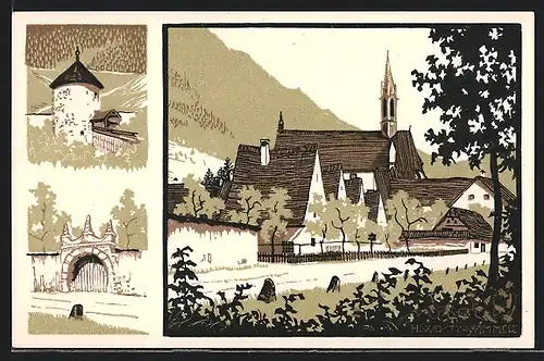 Künstler-AK Gaming, Kartause, Befestigungsturm, Renaissanceportal