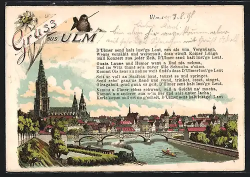 Lithographie Ulm, Flusspartie mit Brücke und Münster