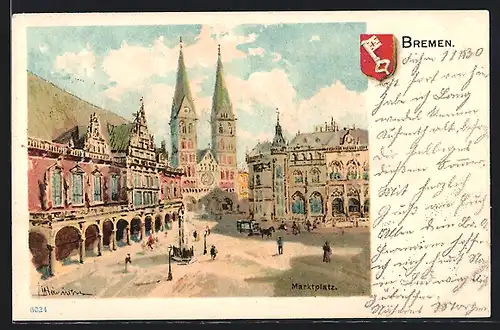 Künstler-Lithographie Karl Heinisch: Bremen, Marktplatz mit Passanten, Wappen