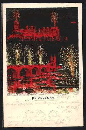 Lithographie Heidelberg, Stadtpanorama im Schein eines Feuerwerks