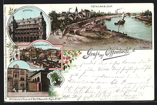 Lithographie Offenbach, Schloss, Marktplatz, Mittelportal d. Kaserne II. Batl. 5. Hess. Inf.-Rgt. No. 168, Wappen