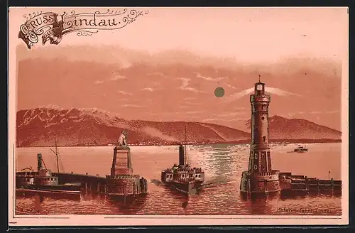 Lithographie Lindau, Hafeneinfahrt mit Leuchtturm und Dampfer