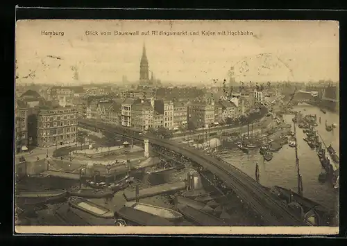 AK Hamburg, Blick vom Baumwall auf Rödingsmarkt und Kajen mit Hochbahn