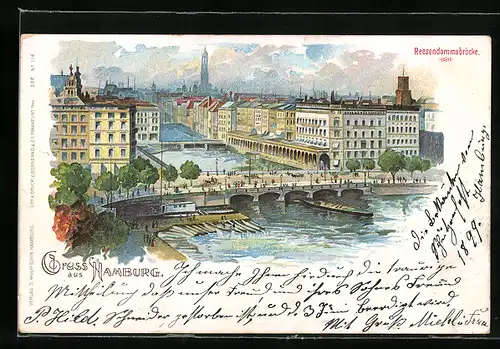 Lithographie Hamburg, Reesendammsbrücke aus der Vogelschau