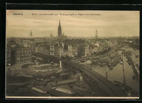 AK Hamburg, Blick vom Baumwall auf Rödlingsmarkt und Kajen mit Hochbahn