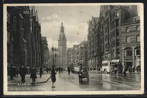 AK Hamburg, Mönckebergstrasse mit Rathaus und Strassenbahn