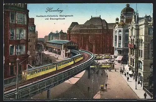AK Hamburg, Hochbahn-Haltestelle Rödingsmarkt mit U-Bahn