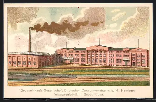 Künstler-AK Gröba-Riesa, Grosseinkaufs-Gesellschaft Deutscher Konsumvereine m. b. H., Hamburg, Teigwarenfabrik