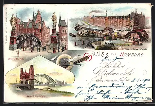 Lithographie Hamburg, Brooksbrücke, Freihafen-Lagerhäuser, Neue Elbbrücke