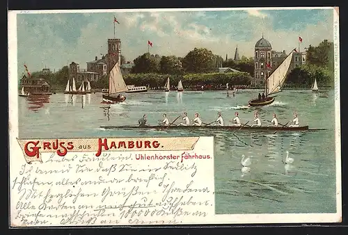 Lithographie Hamburg-Uhlenhorst, Uhlenhorster Fährhaus, Ruderer, Segelboote