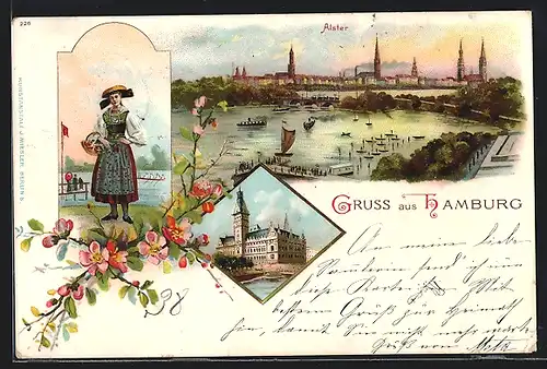 Lithographie Hamburg, Rathaus, Alster, Frau in Tracht