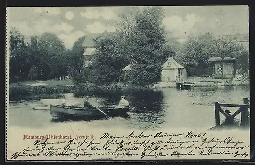 Mondschein-AK Hamburg-Uhlenhorst, Feenteich mit Paar im Ruderboot