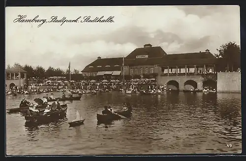 AK Hamburg-Winterhude, Stadtpark und Stadthalle mit Ruderbooten