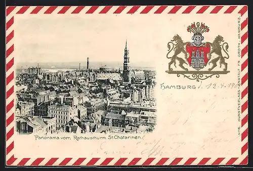 AK Hamburg, Panorama vom Rathausturm St. Catharinen, geprägtes Wappen