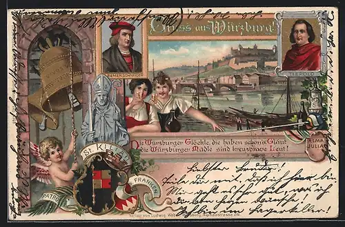 Lithographie Würzburg, Stadtansicht mit Schloss, Tiepolo, Riemenschneider, Wappen, St. Kilian, Engel mit Glocke