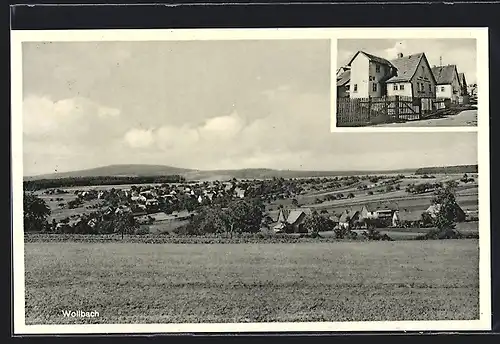 AK Wollbach, Ortsansicht aus der Ferne und Gemischtwarengeschäft Josef Facini