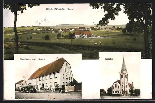 AK Biesingen, Gasthaus zum Löwen mit Bus, Kirche, Totale