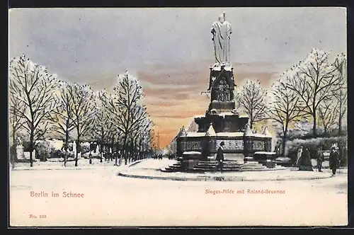 AK Berlin, Sieges-Allee mit Roland-Brunnen im Schnee