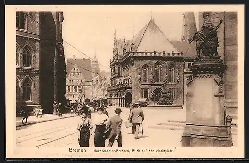 AK Bremen, Nachtwächter-Brunnen, Blick auf den Marktplatz