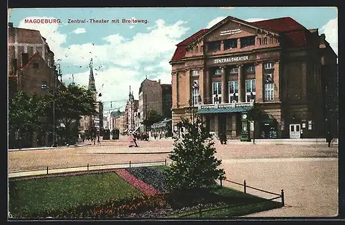 AK Magdeburg, Zentral Theater mit Breiteweg, Strassenbahn