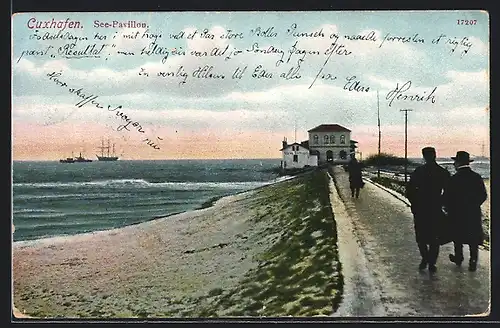 AK Cuxhaven, See-Pavillon, Segelschiff am Horizont