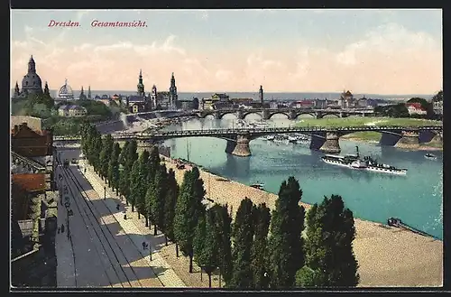 AK Dresden, Gesamtansicht mit Brücke und Dampfer, Strassenbahn