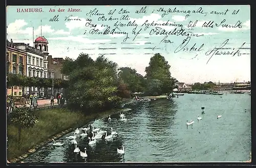 AK Hamburg-St.Georg, An der Alster mit Schwänen