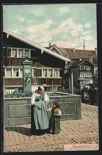 AK Appenzell, Ortsansicht mit Appenzellerin in Tracht am Brunnen