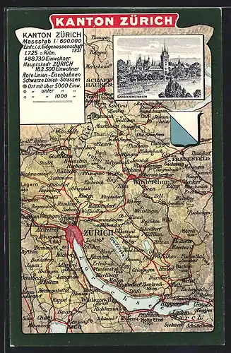 AK Zürich, Landesmuseum, Landkarte des Kantons