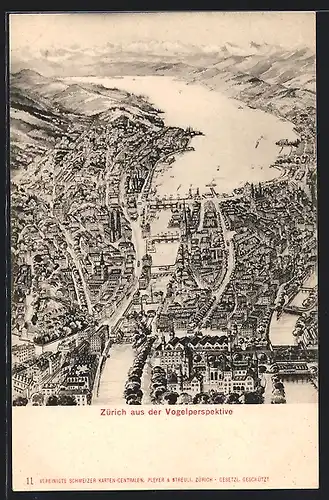 AK Zürich, Die Stadt aus der Vogelschau