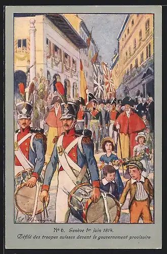 Künstler-AK Genf, Schweizer Soldaten bei einer Parade