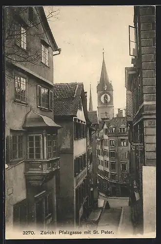 AK Zürich, Pfalzgasse mit St. Peter